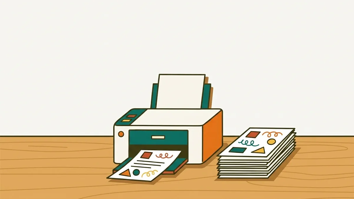 Ilustrasi printer di atas meja kayu, satu lembar kerja keluar dari printer dan setumpuk lembar tercetak di sampingnya