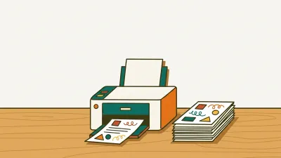 Ilustrasi printer di atas meja kayu, satu lembar kerja keluar dari printer dan setumpuk lembar tercetak di sampingnya