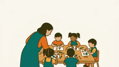 Guru TK sedang mendampingi kegiatan belajar kelompok anak-anak di meja kelas