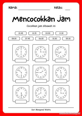 Pratinjau paket 16 Lembar Mengenal Waktu — SD Kelas 1-3 Gratis PDF