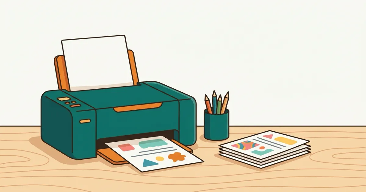 Ilustrasi printer di atas meja kayu, satu lembar kerja keluar dari printer dan setumpuk lembar tercetak di sampingnya