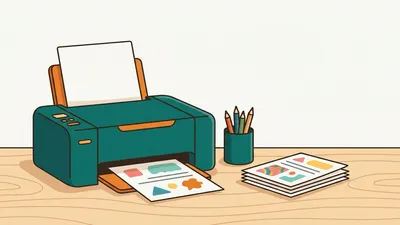 Ilustrasi printer di atas meja kayu, satu lembar kerja keluar dari printer dan setumpuk lembar tercetak di sampingnya