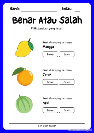 Pratinjau paket 7 Lembar Pilihan Ganda Buah Buahan — SD Kelas 1-3 Gratis PDF