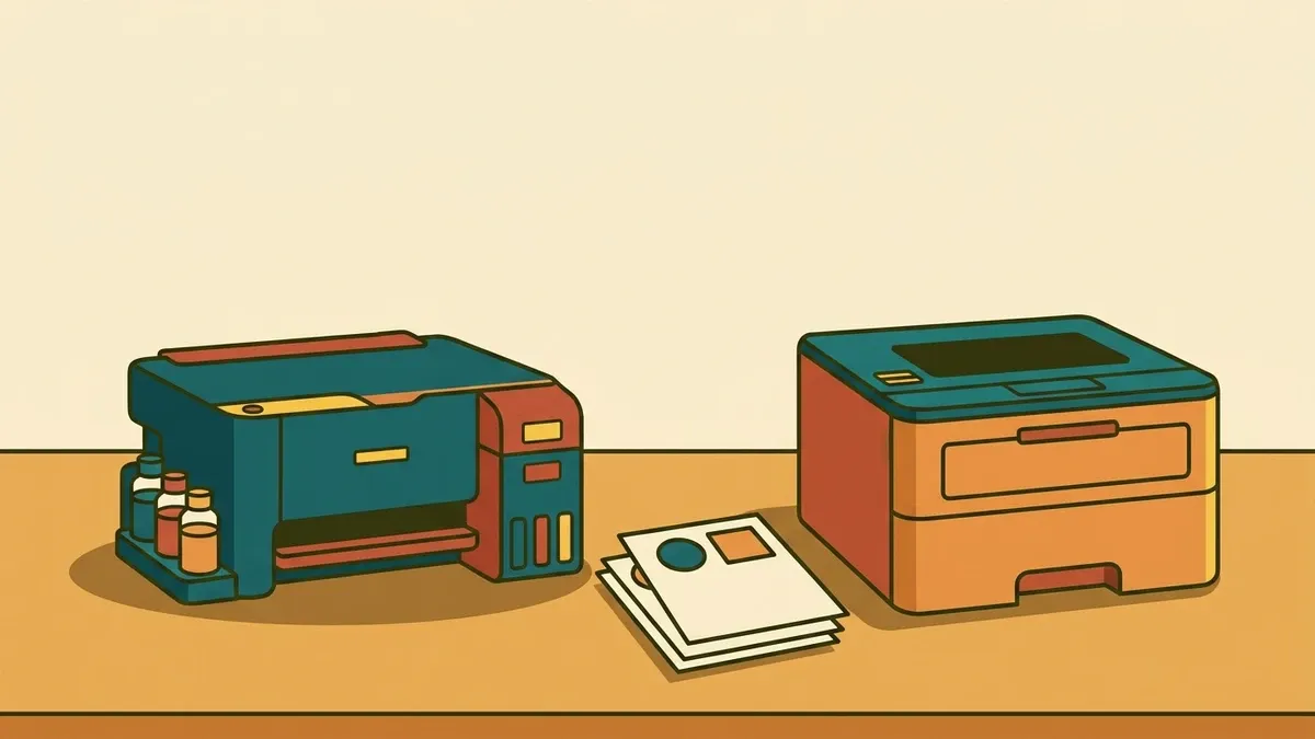 Printer inkjet infus berdampingan dengan printer laser monokrom di atas meja kerja guru