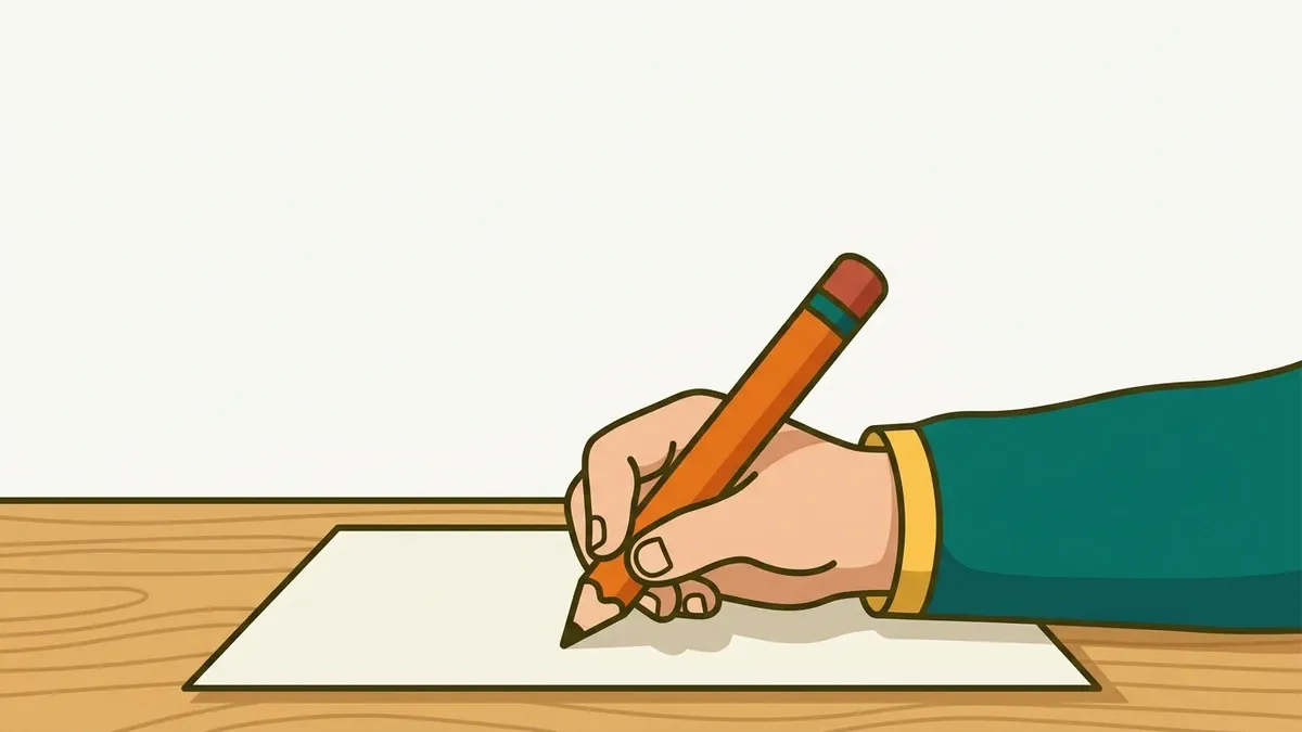 Ilustrasi anak memegang pensil dengan genggaman tangan di atas kertas lembar kerja