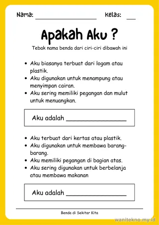 Pratinjau paket 19 Lembar Tebak Nama Benda Di Sekitar Kita — TK Gratis PDF