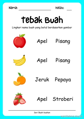 Pratinjau paket 13 Lembar Tebak Nama Buah Buahan — TK Gratis PDF