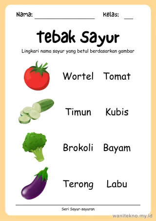 Pratinjau paket 12 Lembar Tebak Nama Sayur Sayuran — TK Gratis PDF